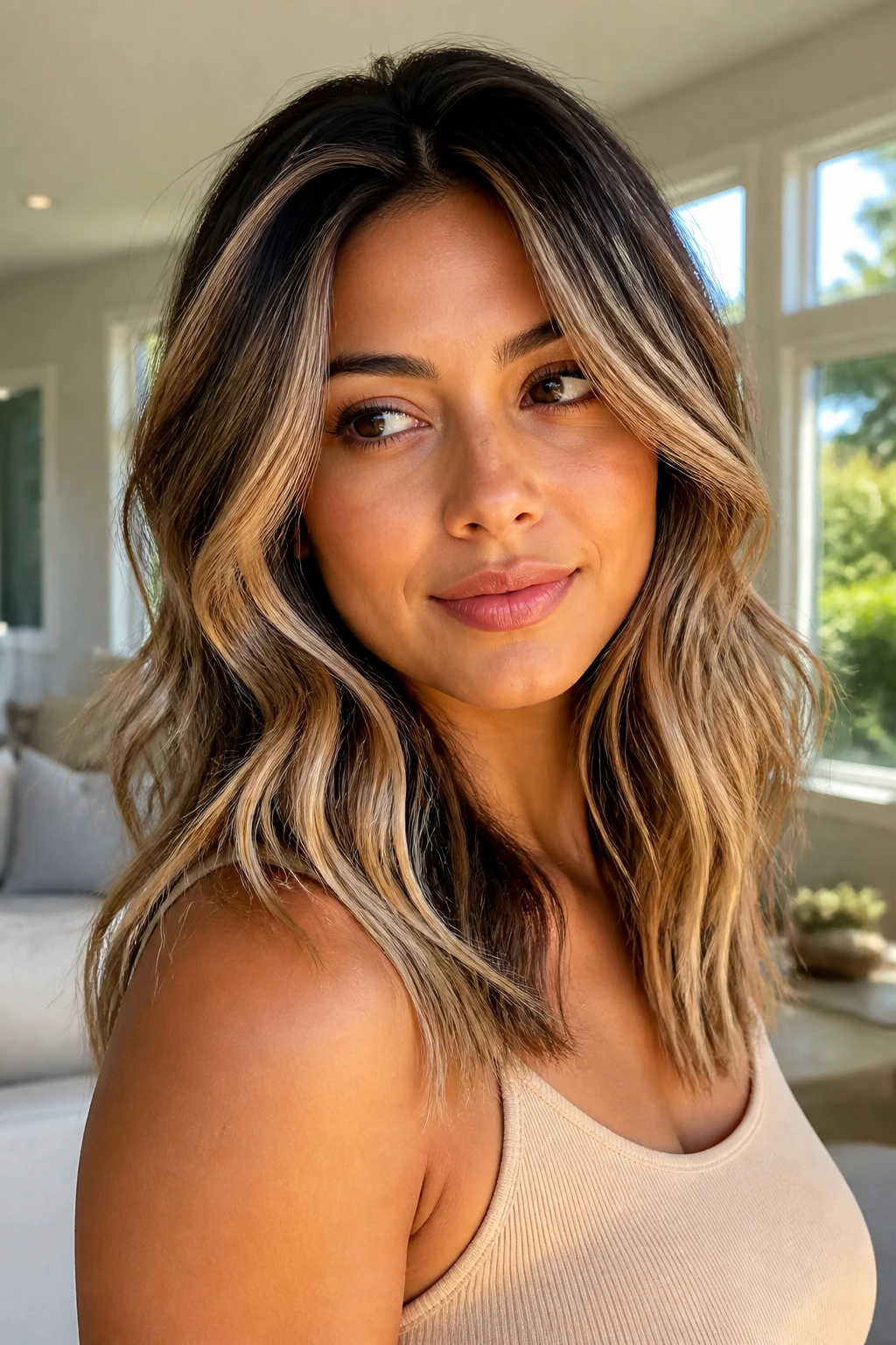 Close-up portrait of a real woman with dimensional balayage and dark roots
