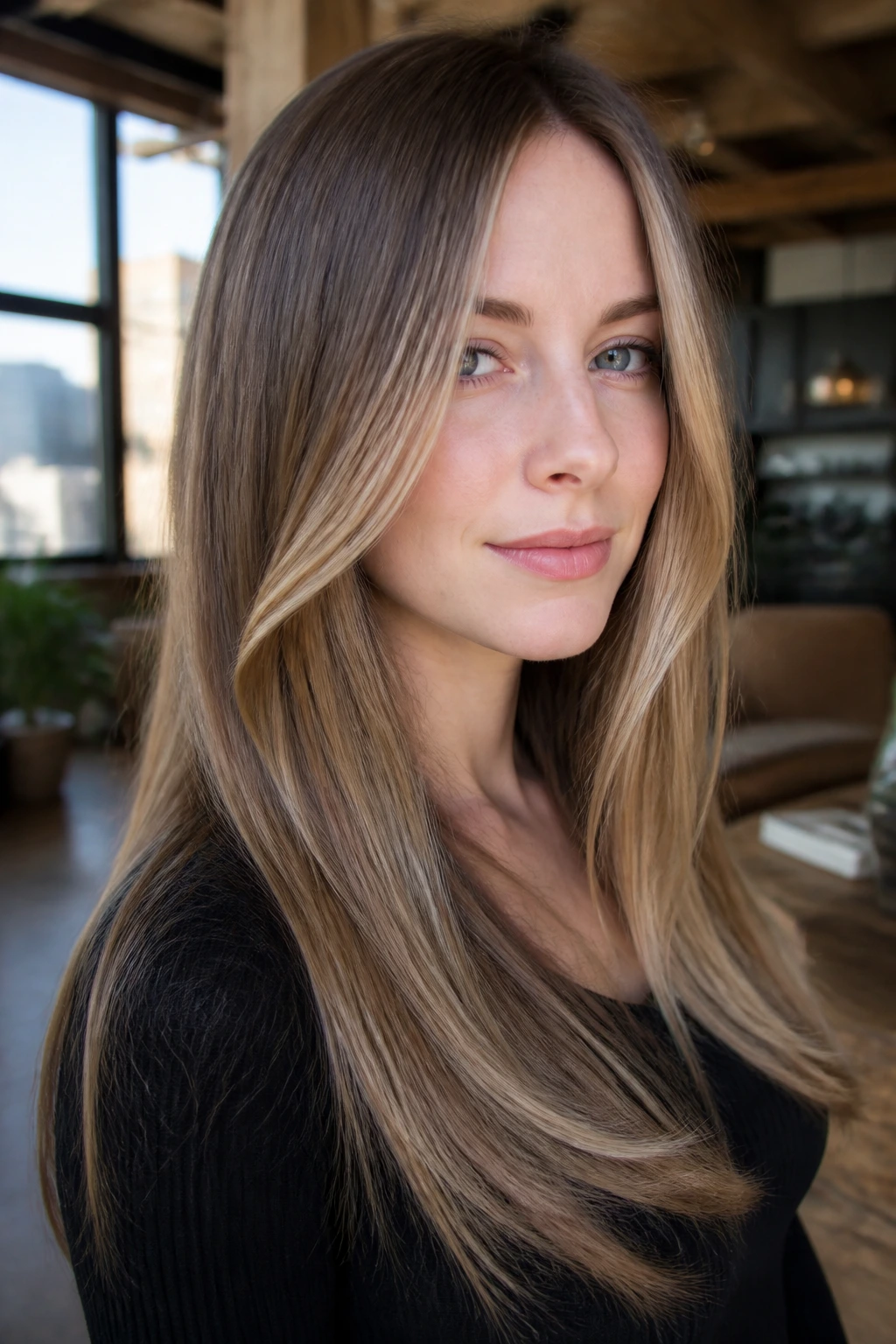 Portrait of a woman with long dimensional balayage in beige-mushroom tones.