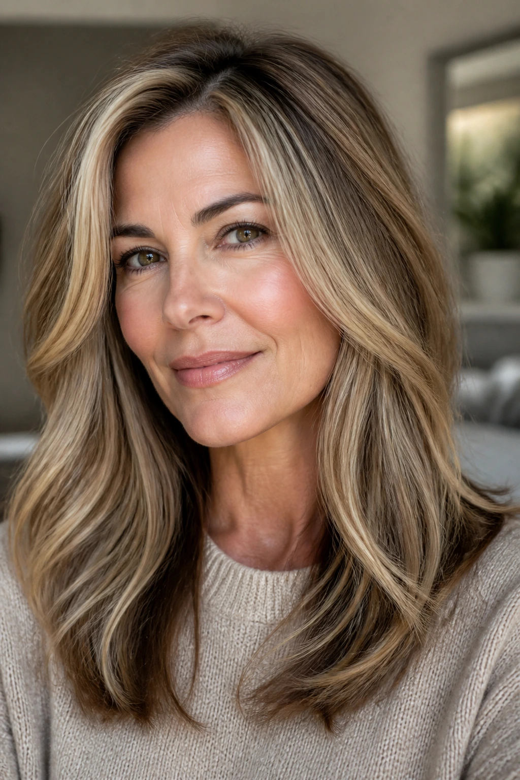 Close-up portrait of a real woman with dimensional balayage and lowlights in natural light.