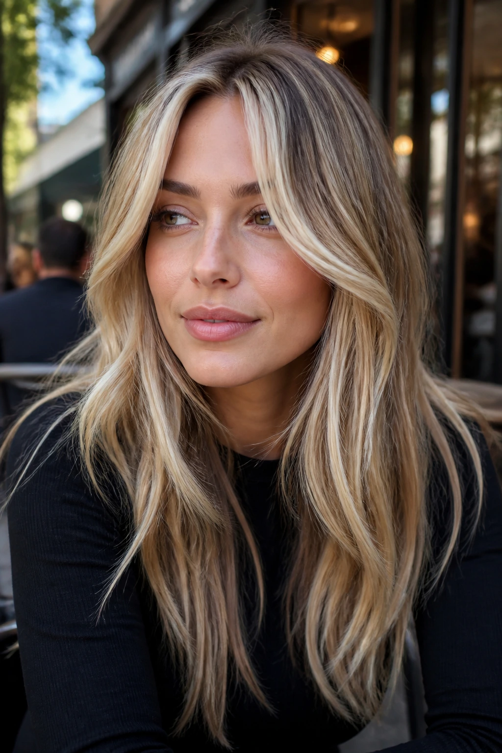 Close-up of a real woman with dimensional balayage and money pieces at the fringe