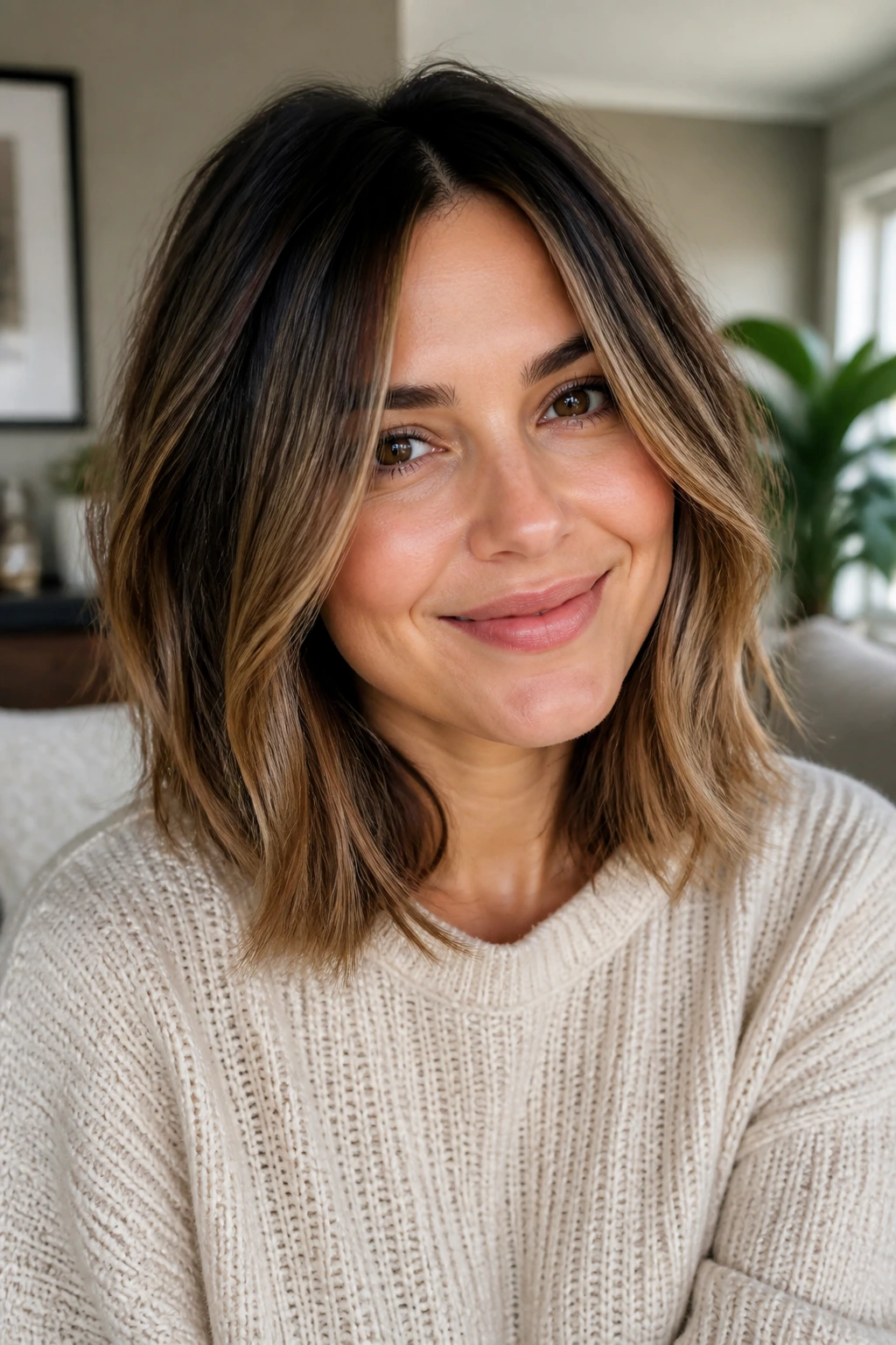 Portrait of a real woman with dimensional lob and balayage highlights
