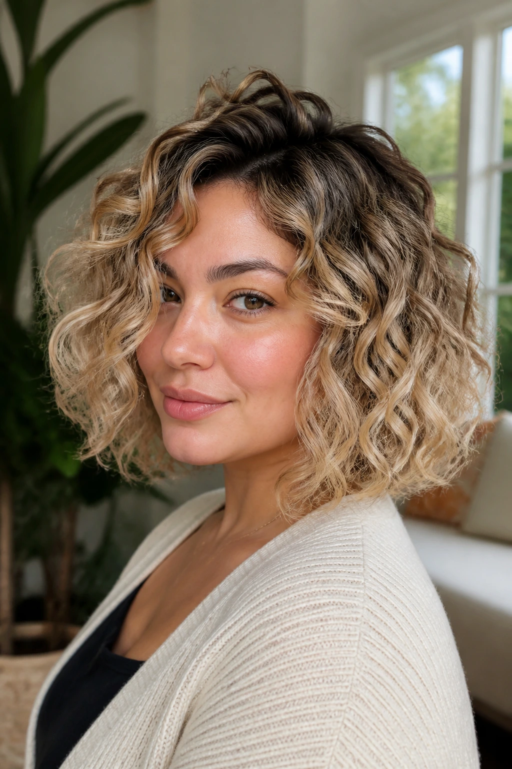 Close up portrait of real woman with dimensional balayage lob and soft root shadow