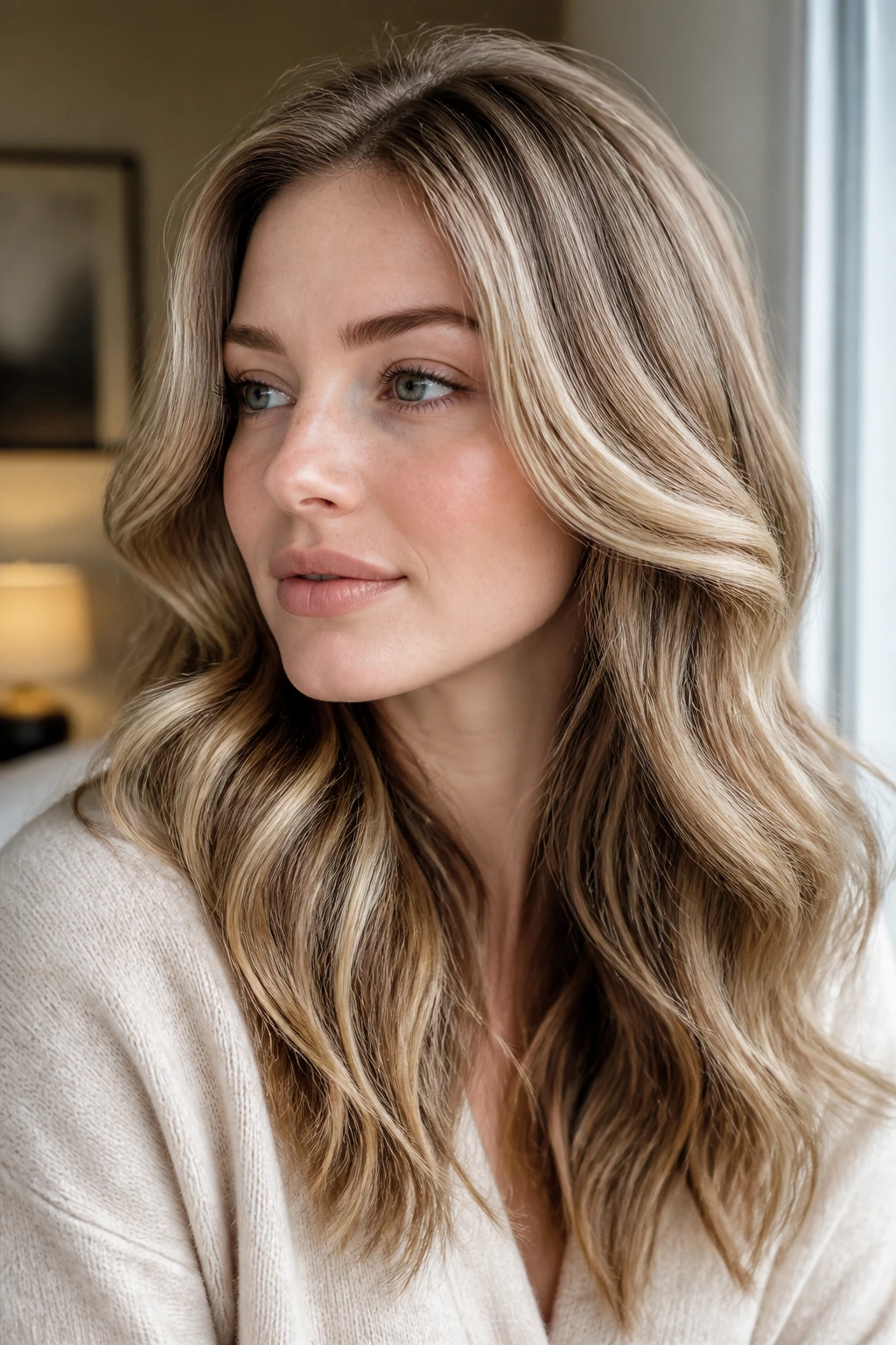 Portrait of a woman with loose waves showing dimensional balayage color
