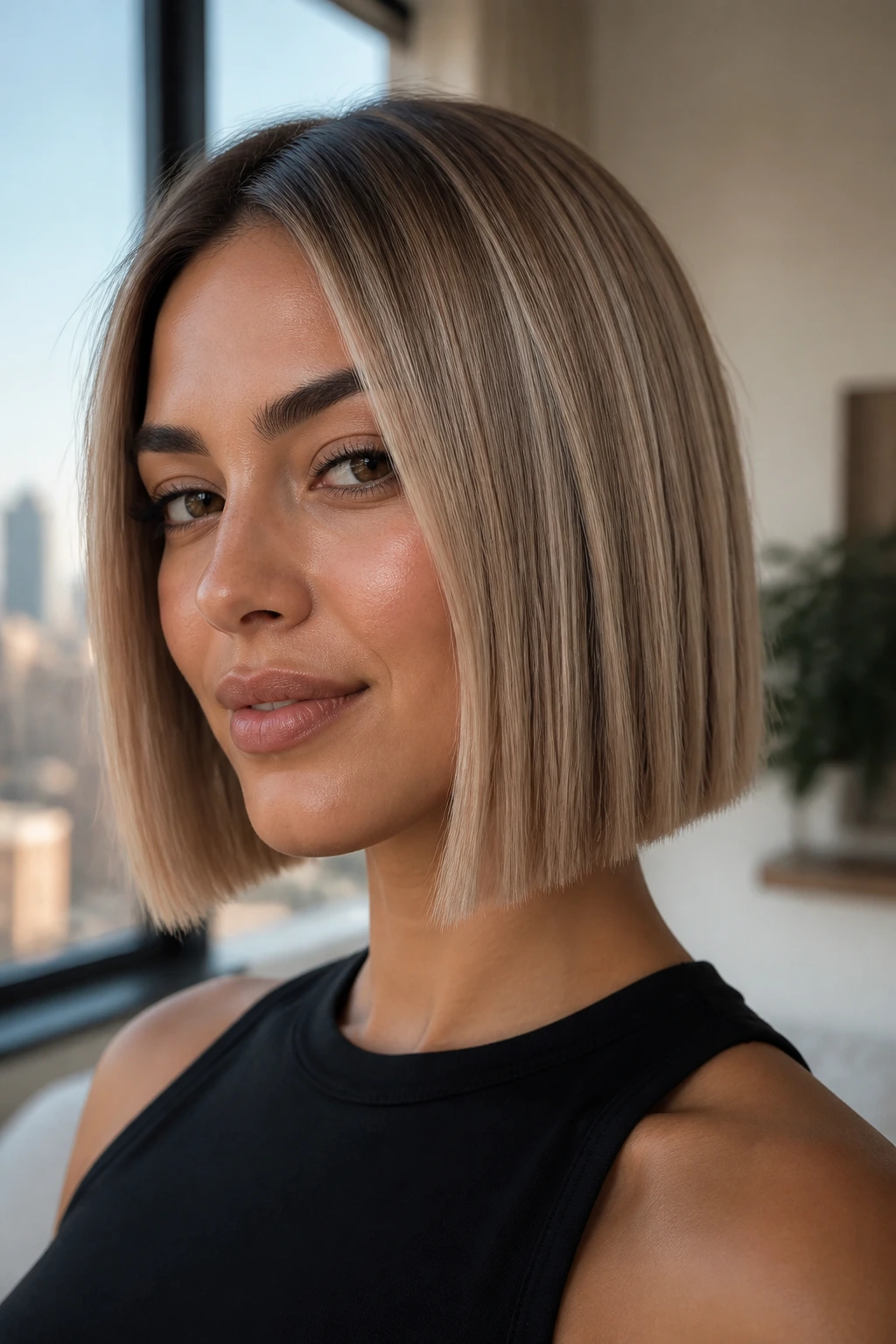 Close-up of a real woman with a dimensional beige blunt-cut bob and subtle highlights.