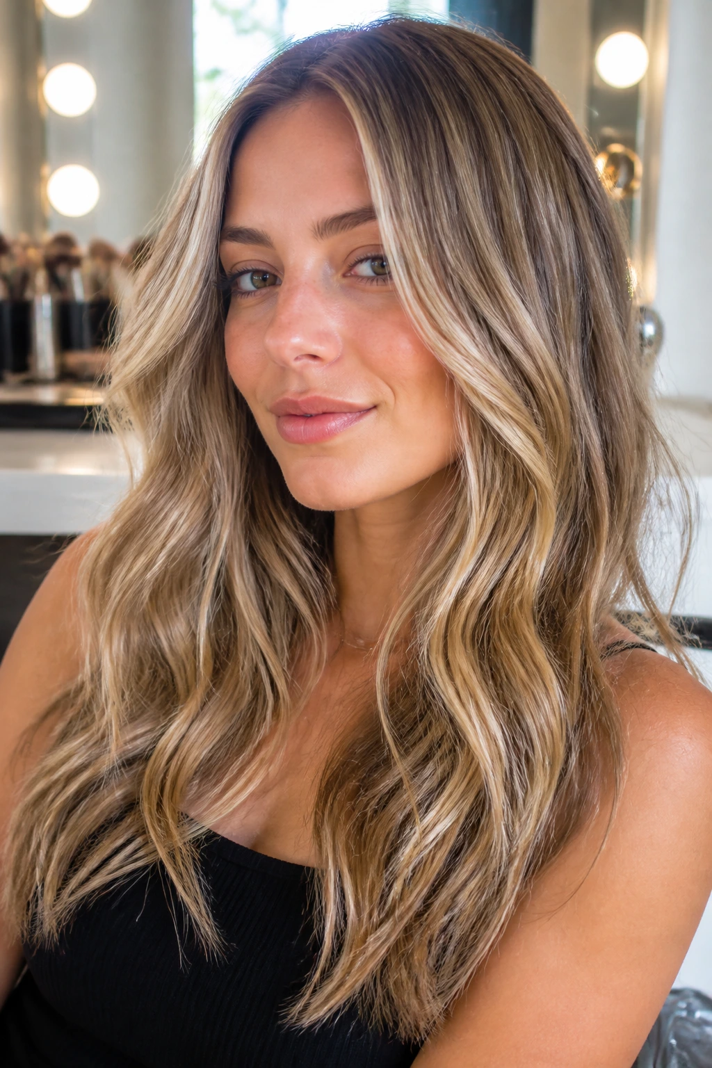 Close-up portrait of a real woman with dimensional beige on dark blonde base