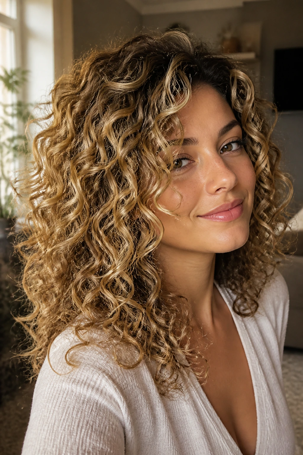 Close-up portrait of a woman with curly hair showing dimensional blonde highlights