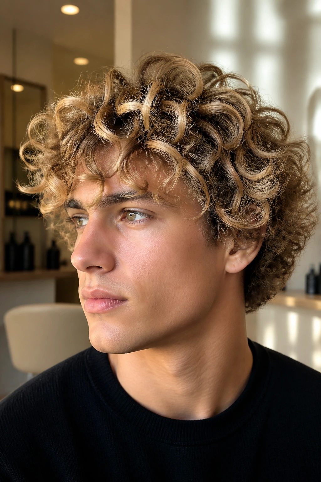Model with dimensional blonde color and layered curls in a salon setting