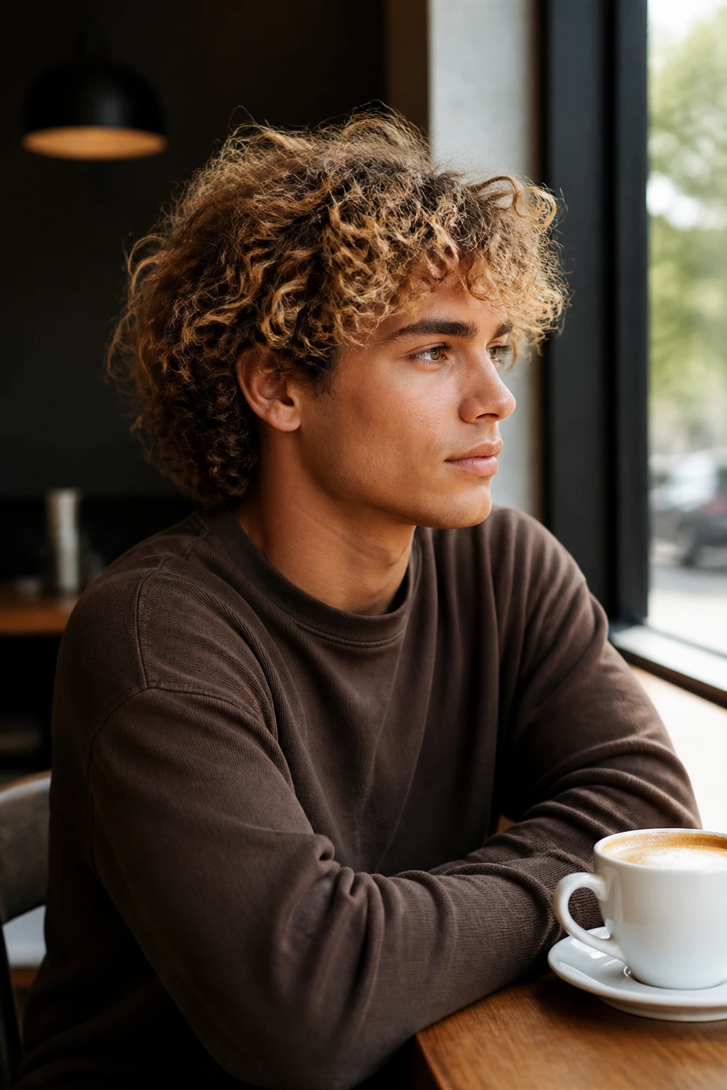 Portrait of a person with dimensional blonde curls in a real-life setting
