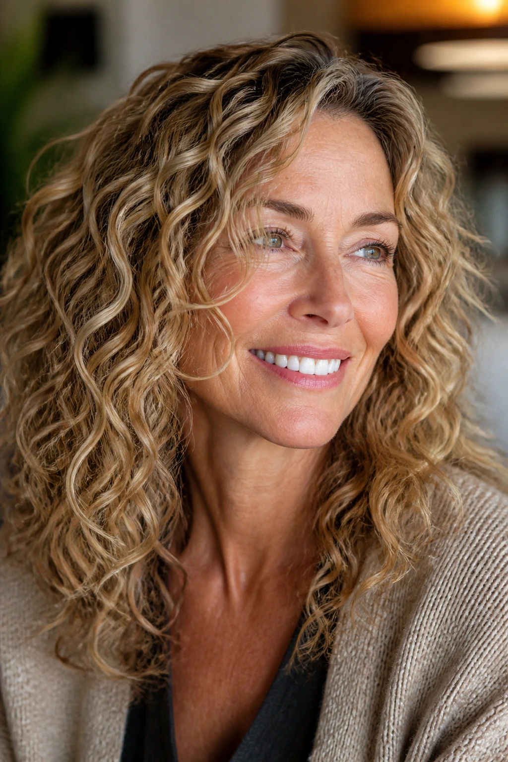 Portrait of a woman with dimensional blonde curls showing highlights and lowlights.