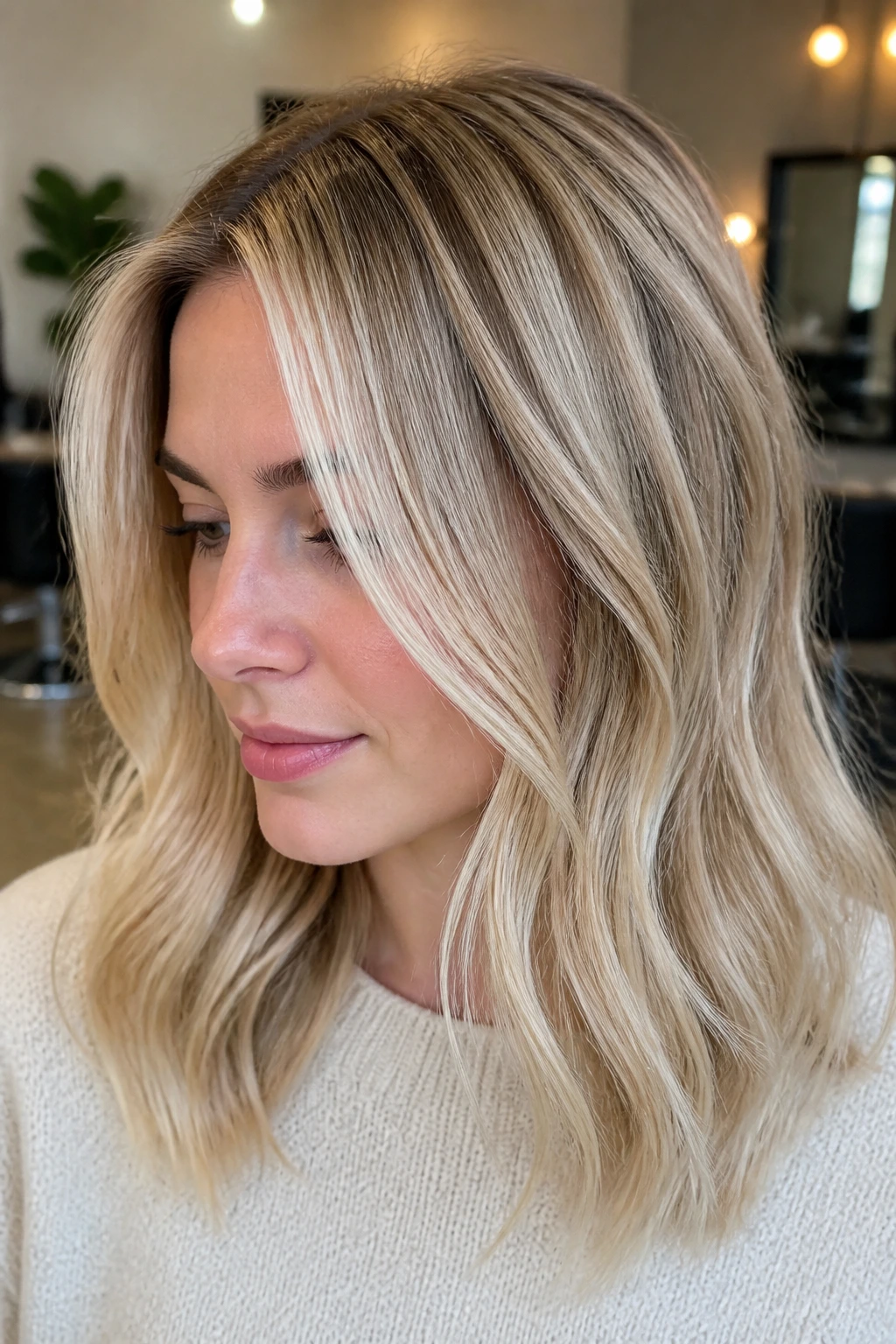 Real woman with dimensional blonde featuring root shadow and babylights for depth.