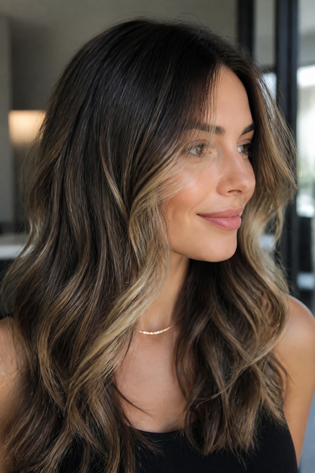 Close-up of brunette with dimensional blonde lowlights and face-framing pieces in window light