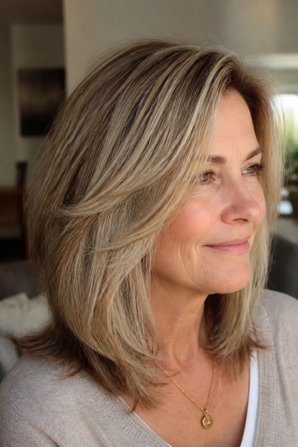 Portrait showing dimensional blonde tones on a real woman's hair