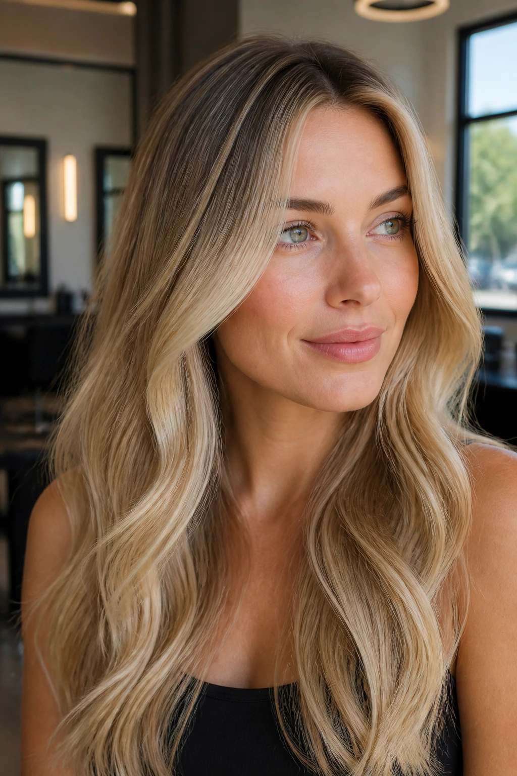 Close-up of a woman with dimensional blonde hair showing root, midlength, and end tones