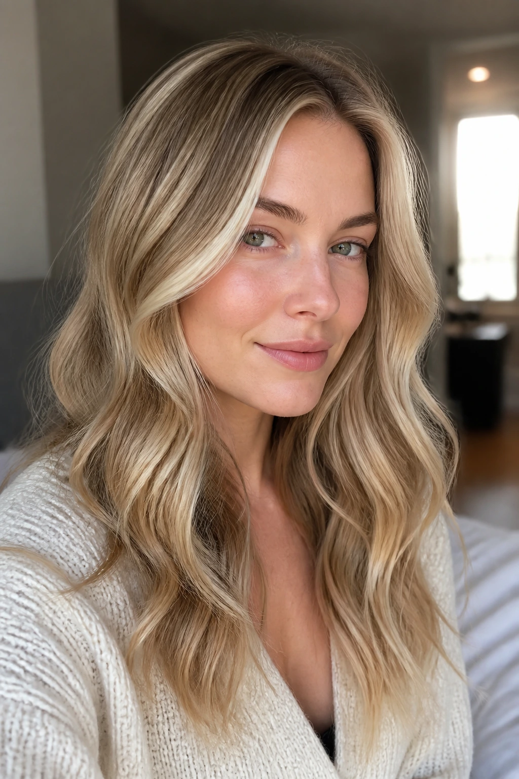 Close-up of a real woman with dimensional dirty blonde hair and halo highlights near the crown in natural light