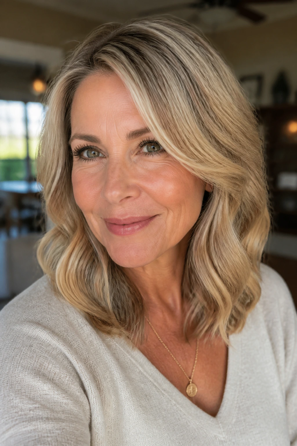 Close-up portrait of an older woman with dimensional blonde hair in warm window light