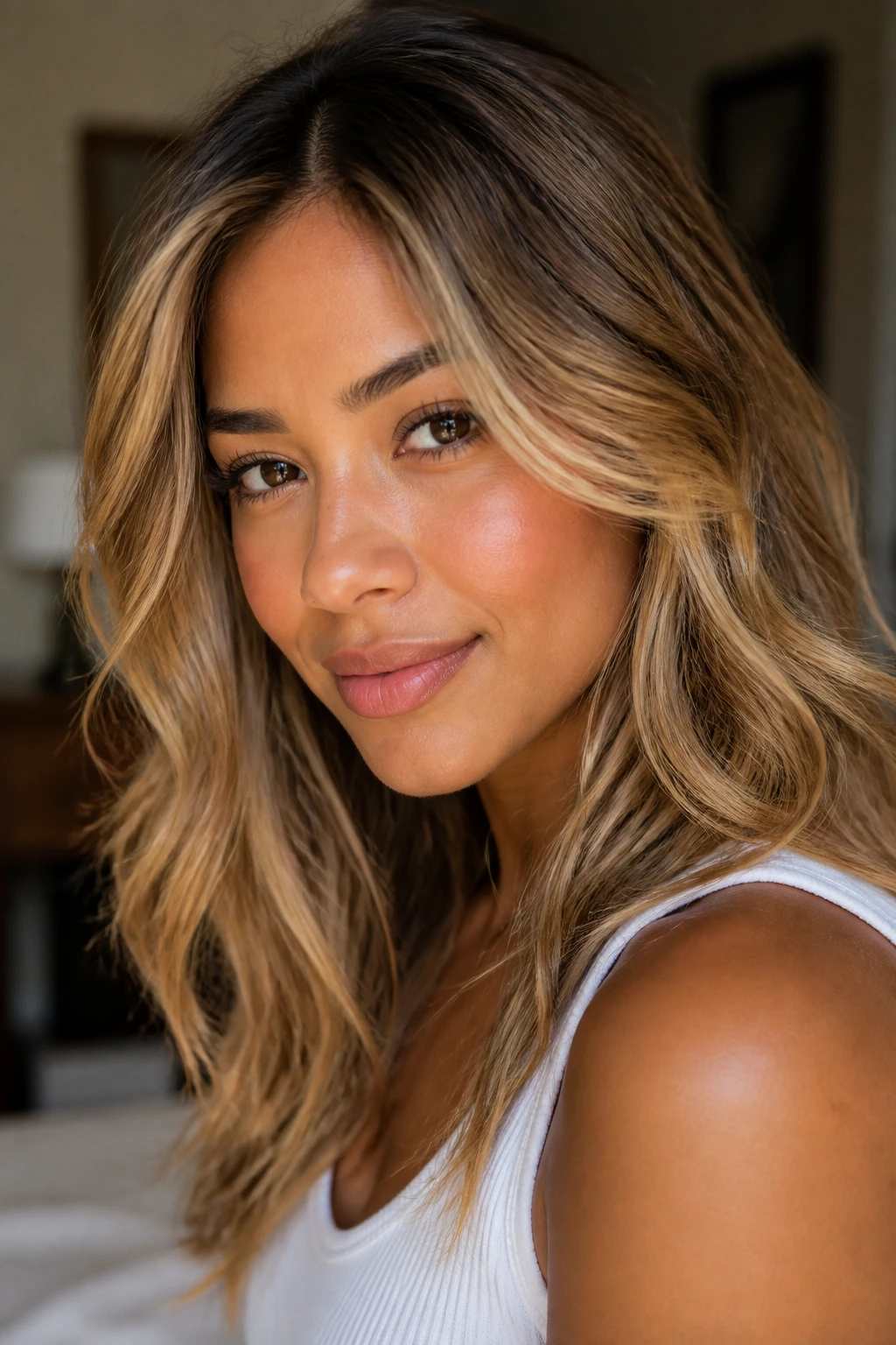 Portrait of a person with dimensional blonde that flatters a medium skin tone