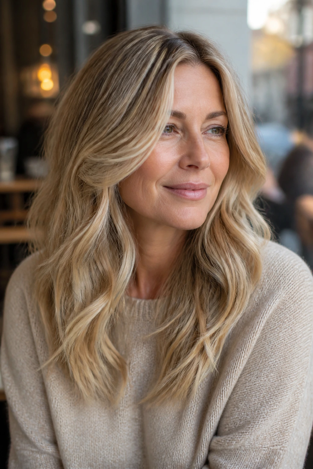 Portrait of a woman with dimensional blonde and soft waves showing movement
