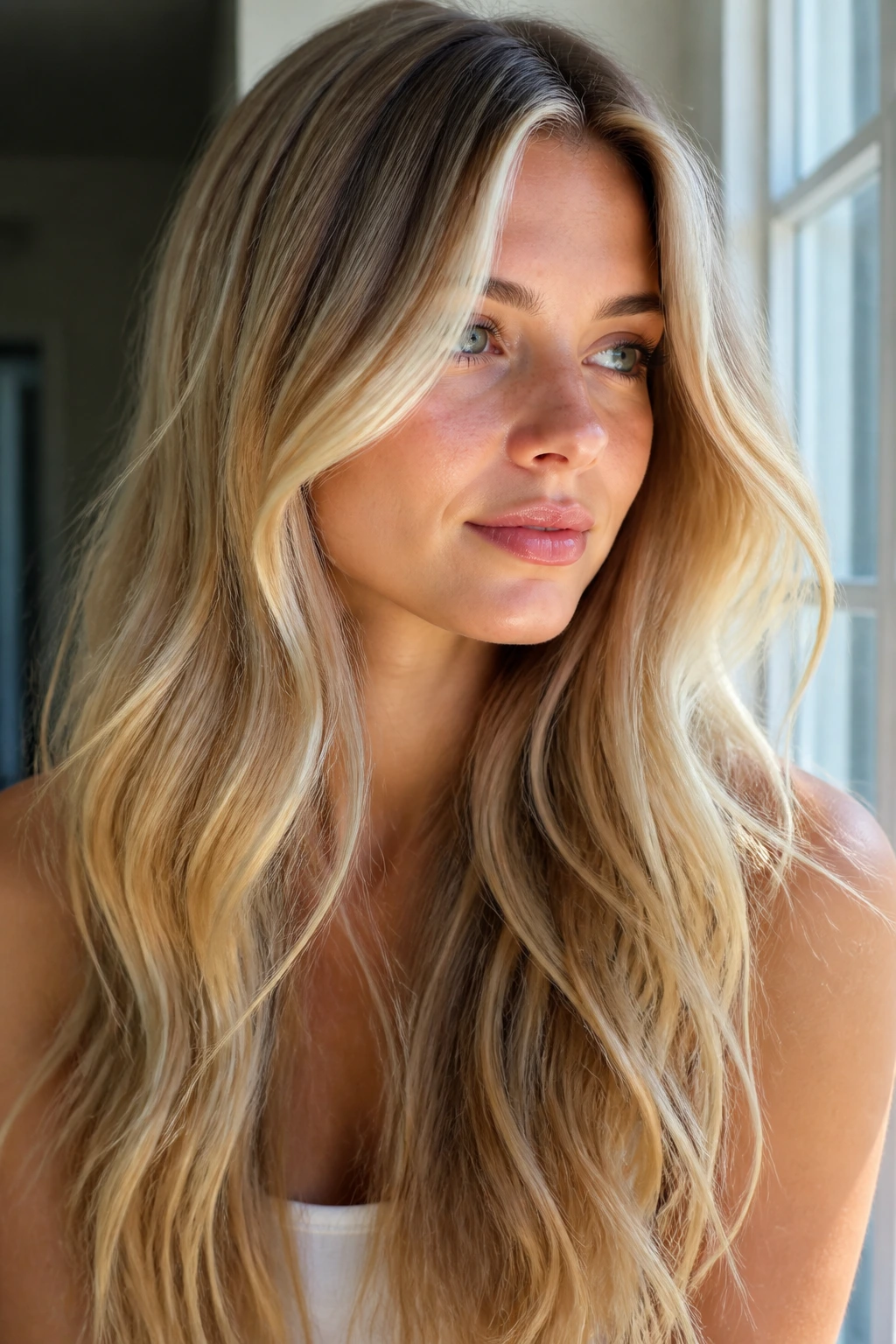 Close-up portrait showing depth and face-framing blonde highlights on a real person