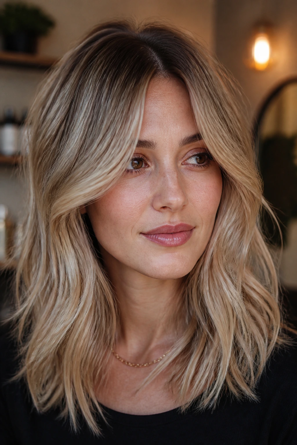 Portrait showing dimensional blonde with root shadow and face-framing pieces.