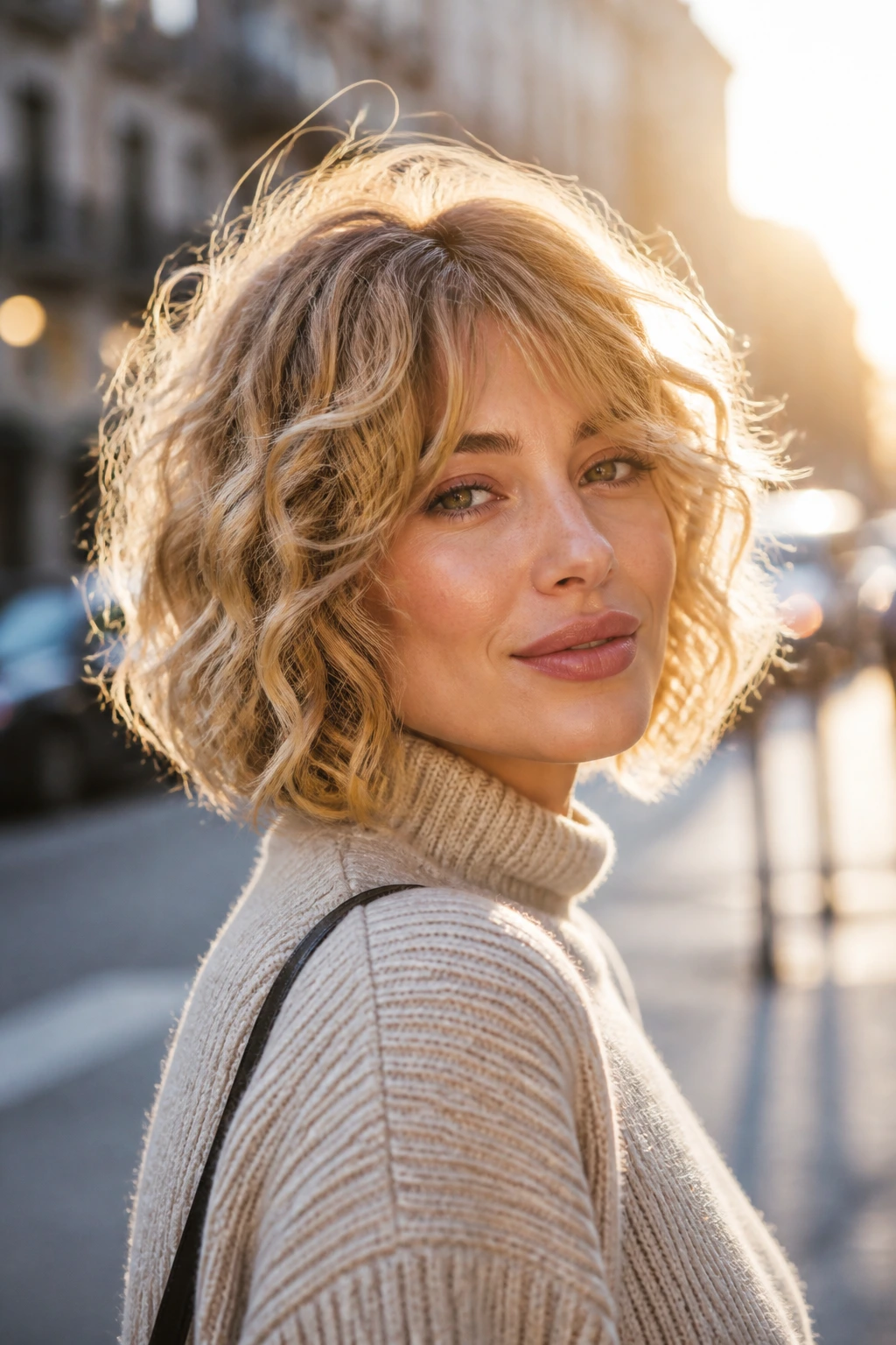 Close-up of a real woman with dimensional blonde curly shag-bob at golden hour.