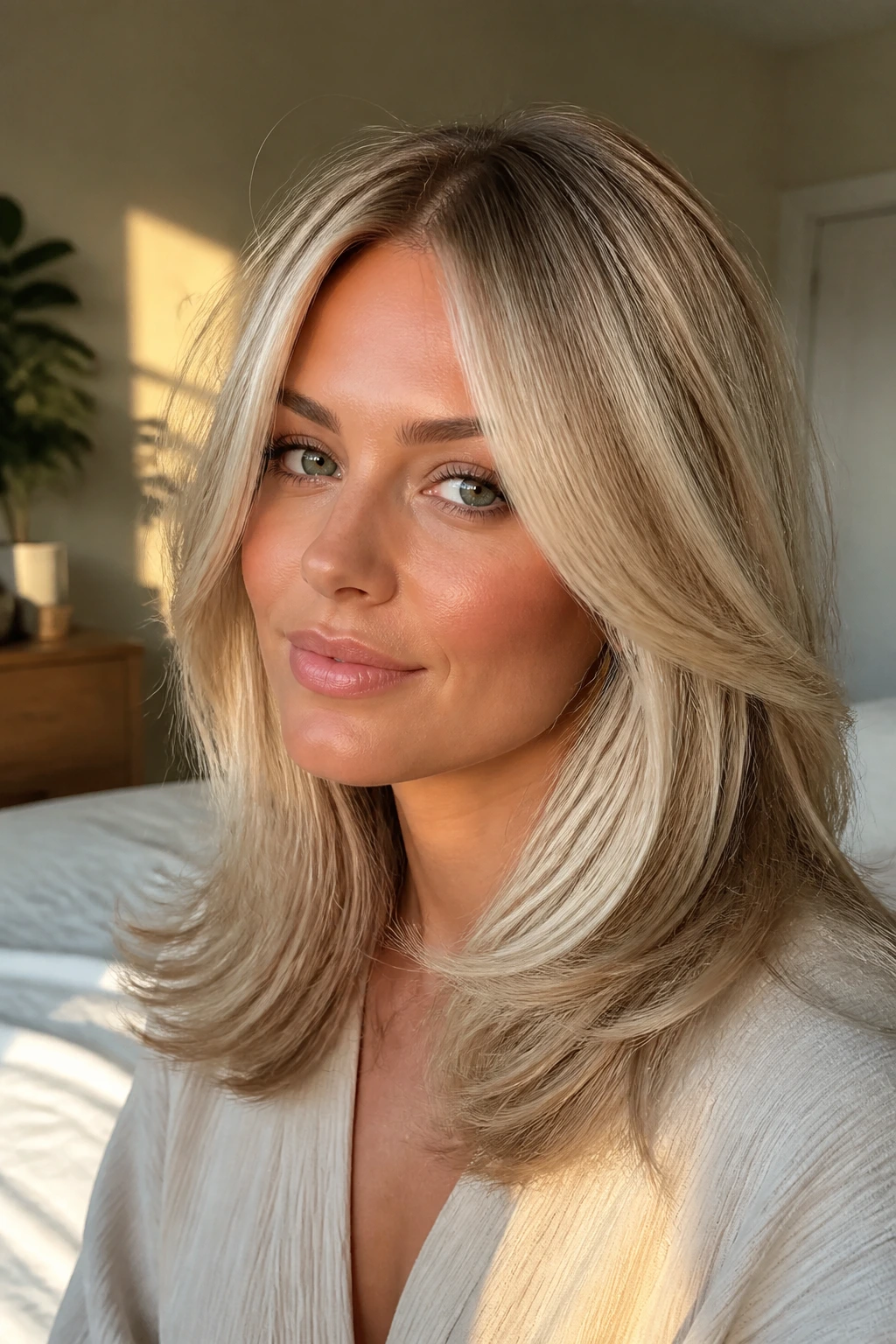 Close-up of real woman with dimensional blowout blonde and face-framing pieces