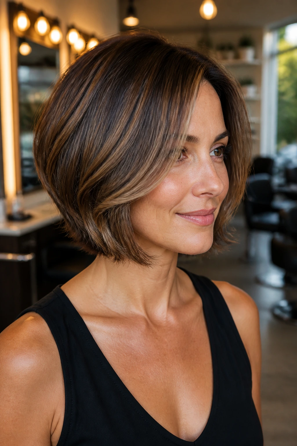 Portrait of a real woman with luxe dimensional bob and soft flip at the ends.