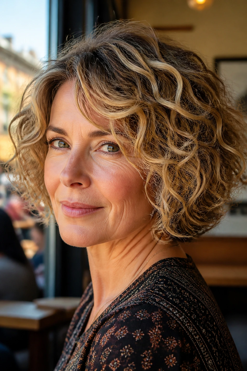 Close-up portrait of a real woman with highlighted dimension bob and face-framing highlights.