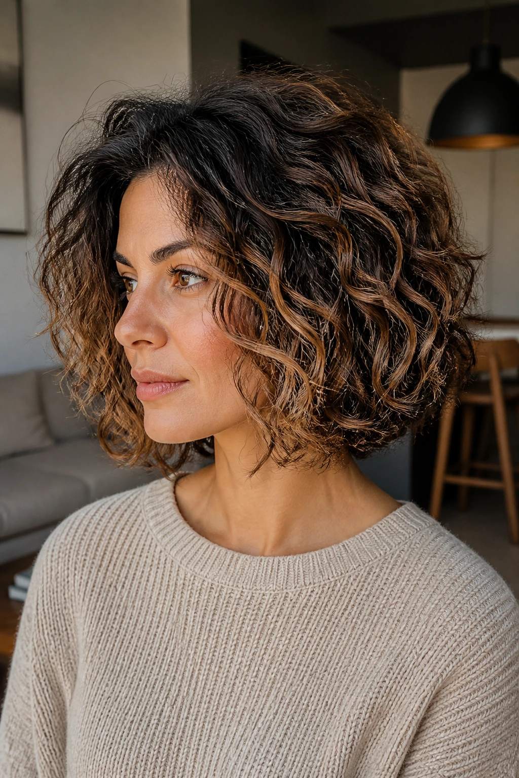 Close-up of dimensional bob with smoked roots on brunette hair.