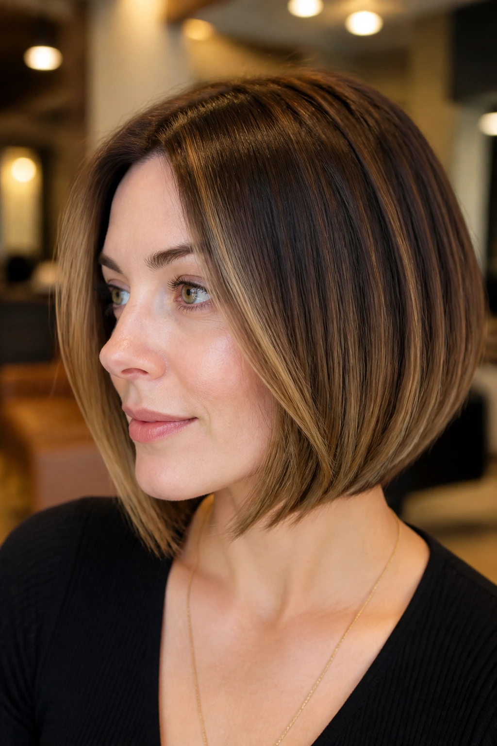 Dimensional bob with toffee lift on a real person in a salon setting