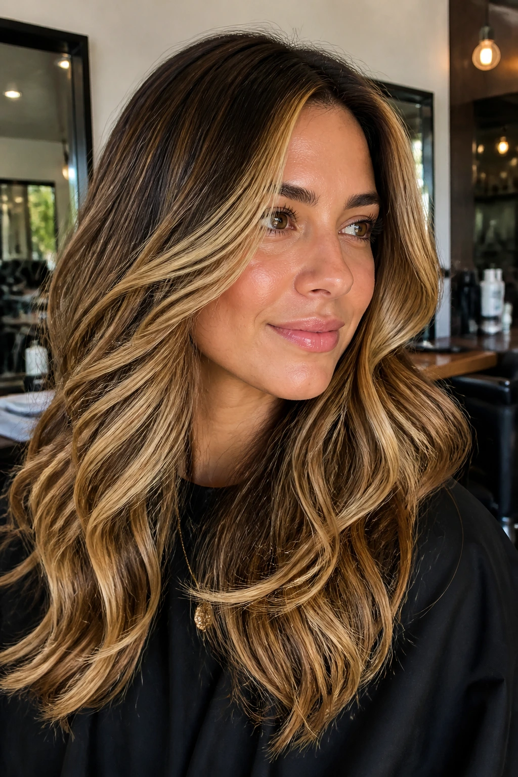 Portrait of a real person with dimensional bronde blowout around the face