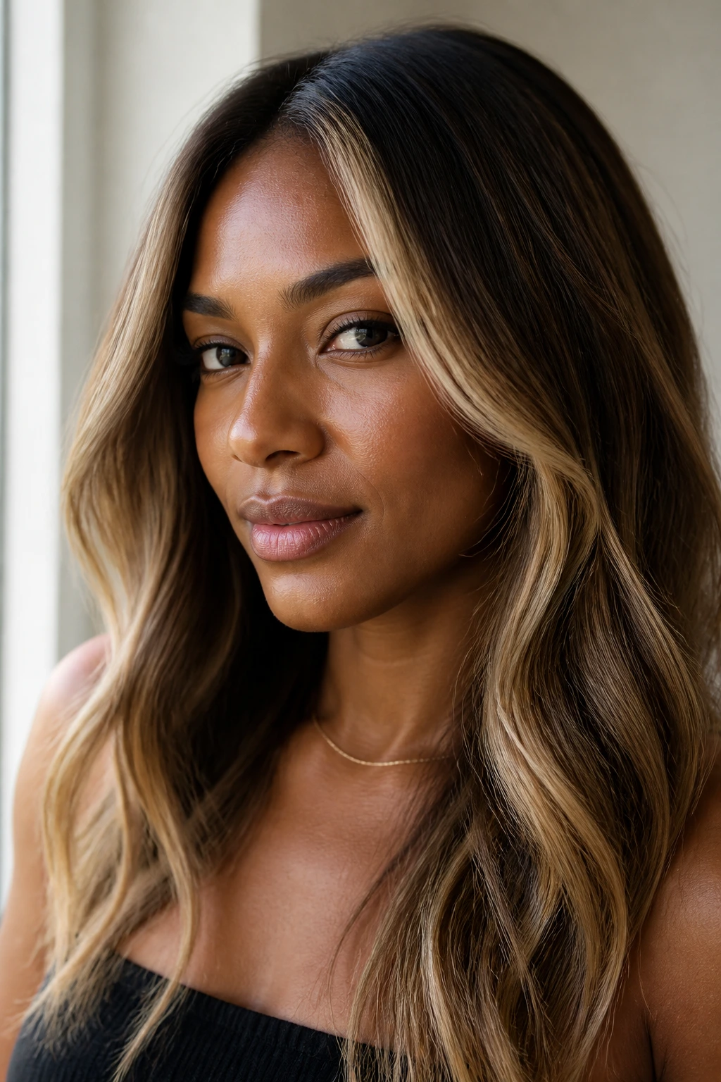 Portrait of a woman with dimensional bronde face-framing highlights