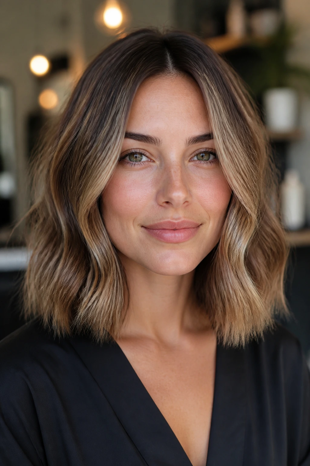 Real woman with dimensional bronde lob and subtle money piece in a contemporary salon