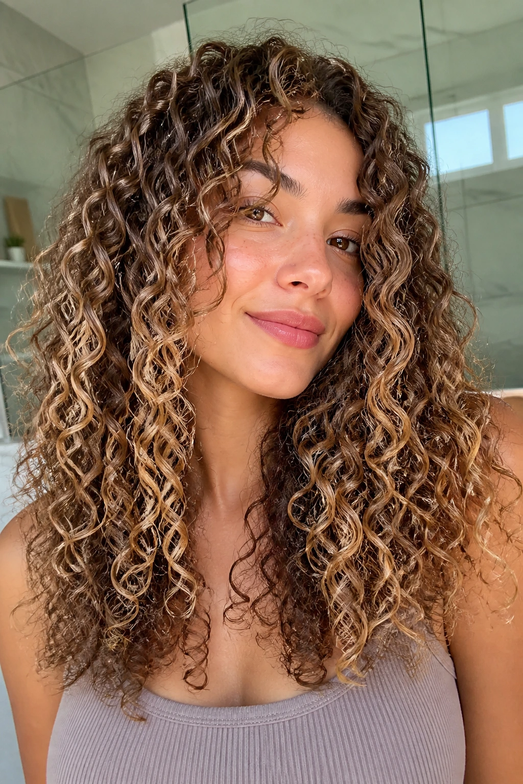 Close-up of dimensional bronde with pale babylights on curls