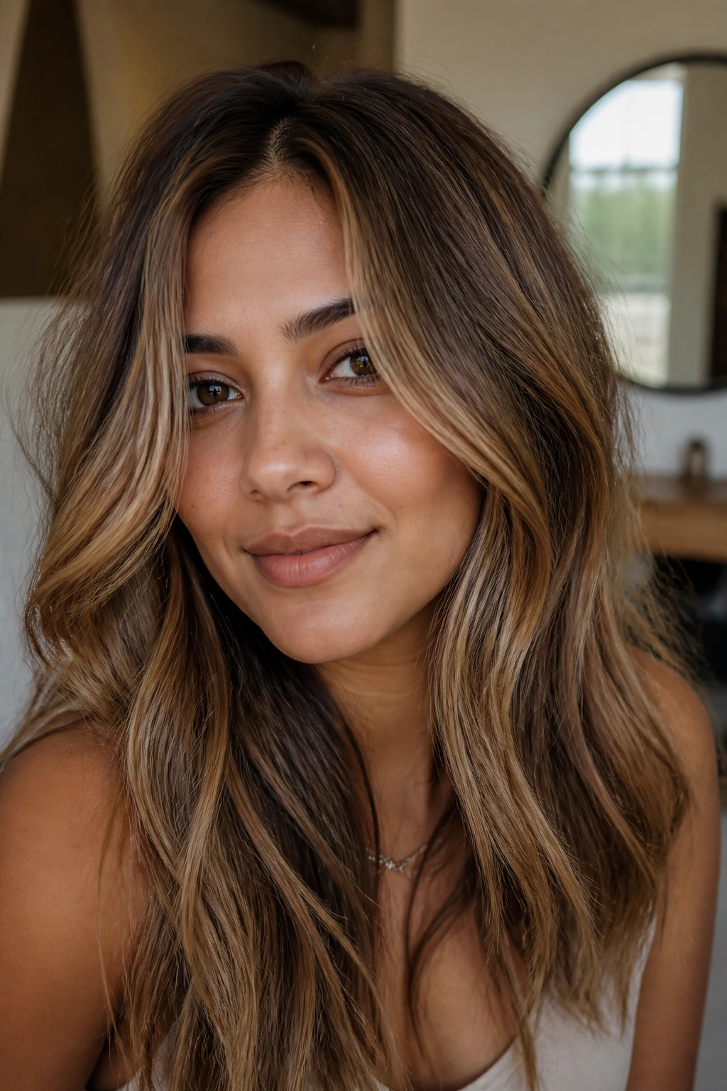 Close-up of a real person with dimensional bronde and soft layers.