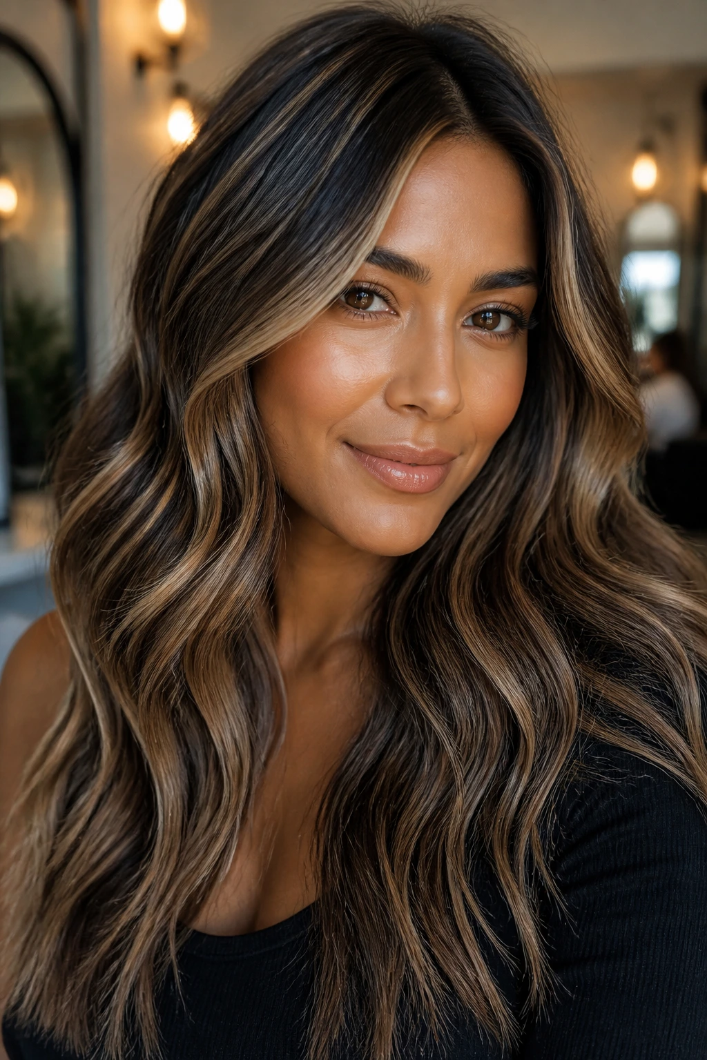 Close-up portrait of a real woman with dimensional bronde on tan skin and soft waves