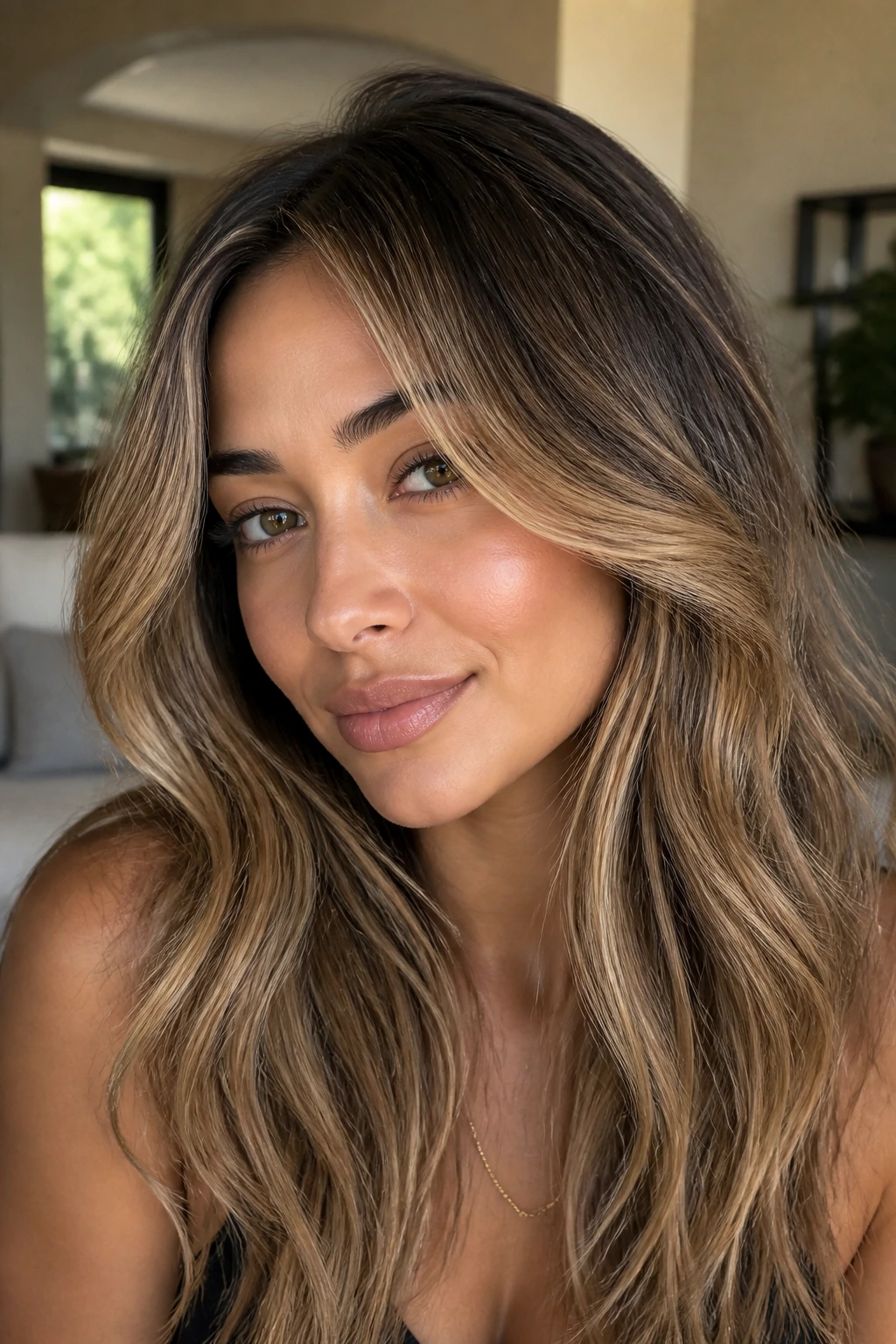 Close-up of dimensional bronde hair with fine veils on a real woman in soft daylight