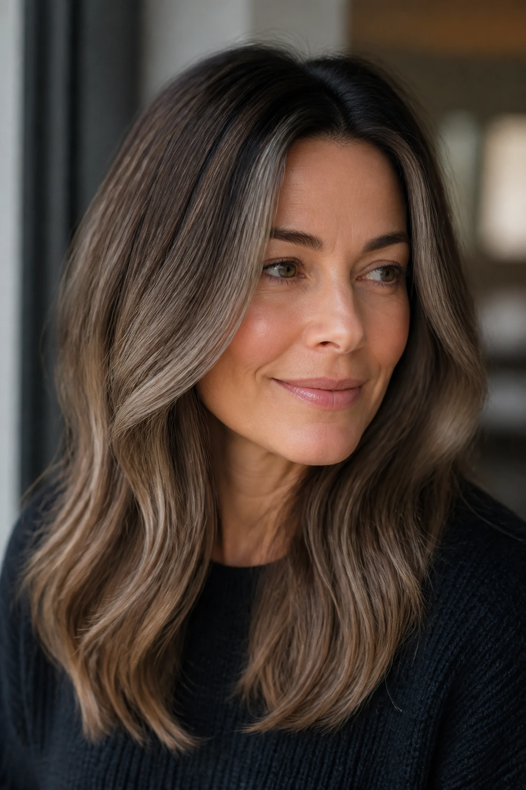 Portrait of a person with dimensional brown-gray hair showing variation