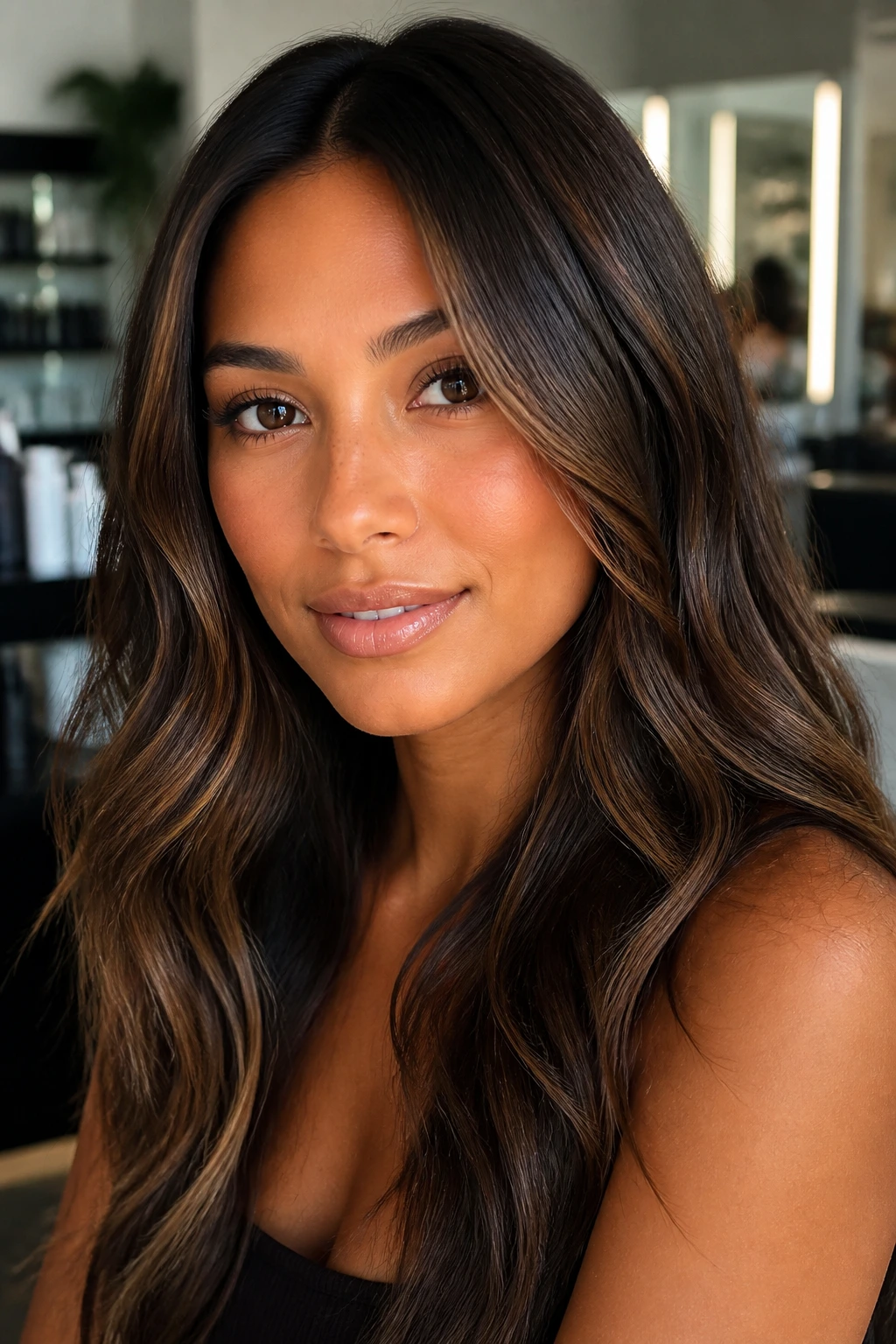 Portrait of brunette with dimensional shade and glossy shine on tan skin