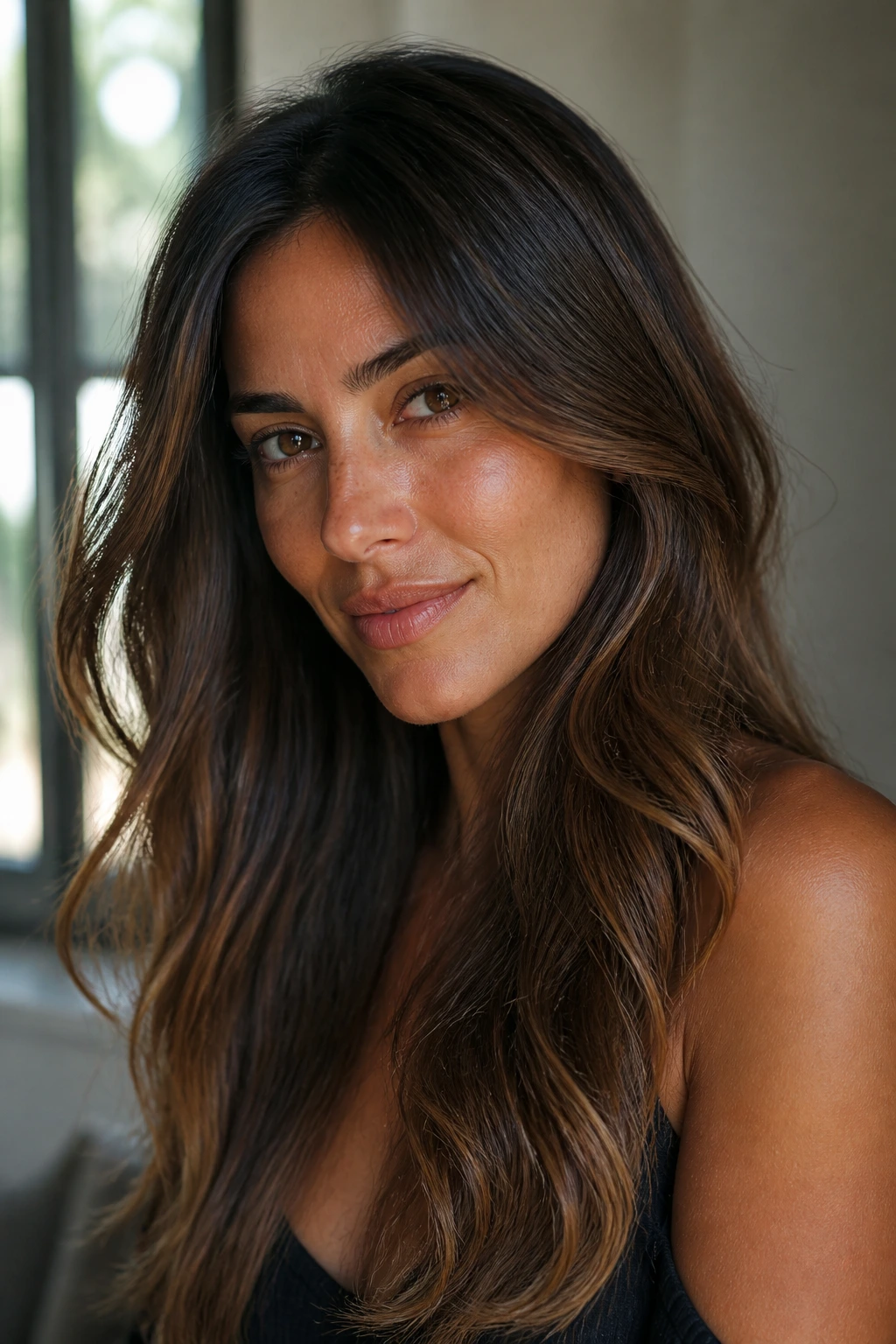 Close-up of a real person with dimensional brunette tones on olive skin