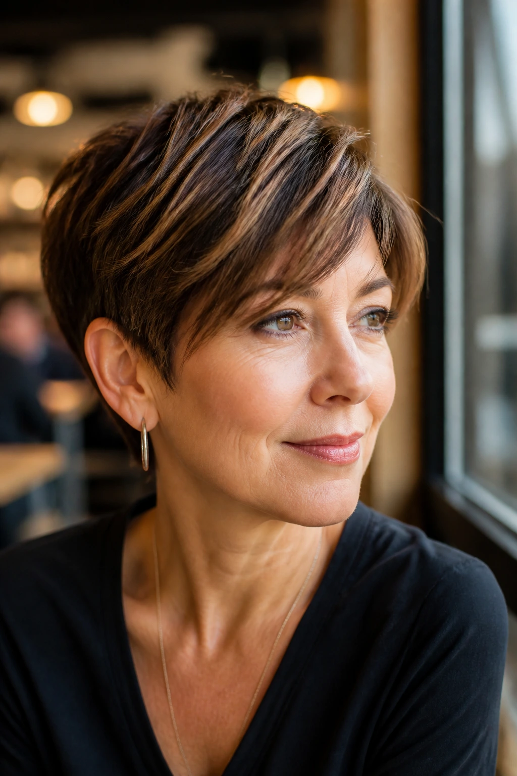 Close-up portrait of a woman with dimensional brunette pixie and subtle highlights, side-swept bangs