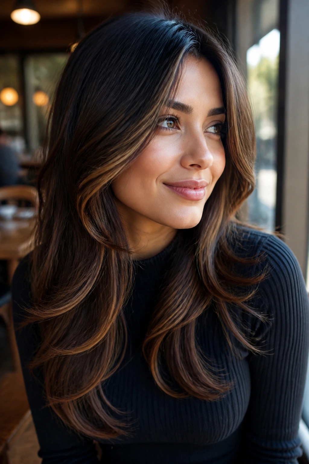Brunette with dimensional ribbon layers and subtle highlights around the face