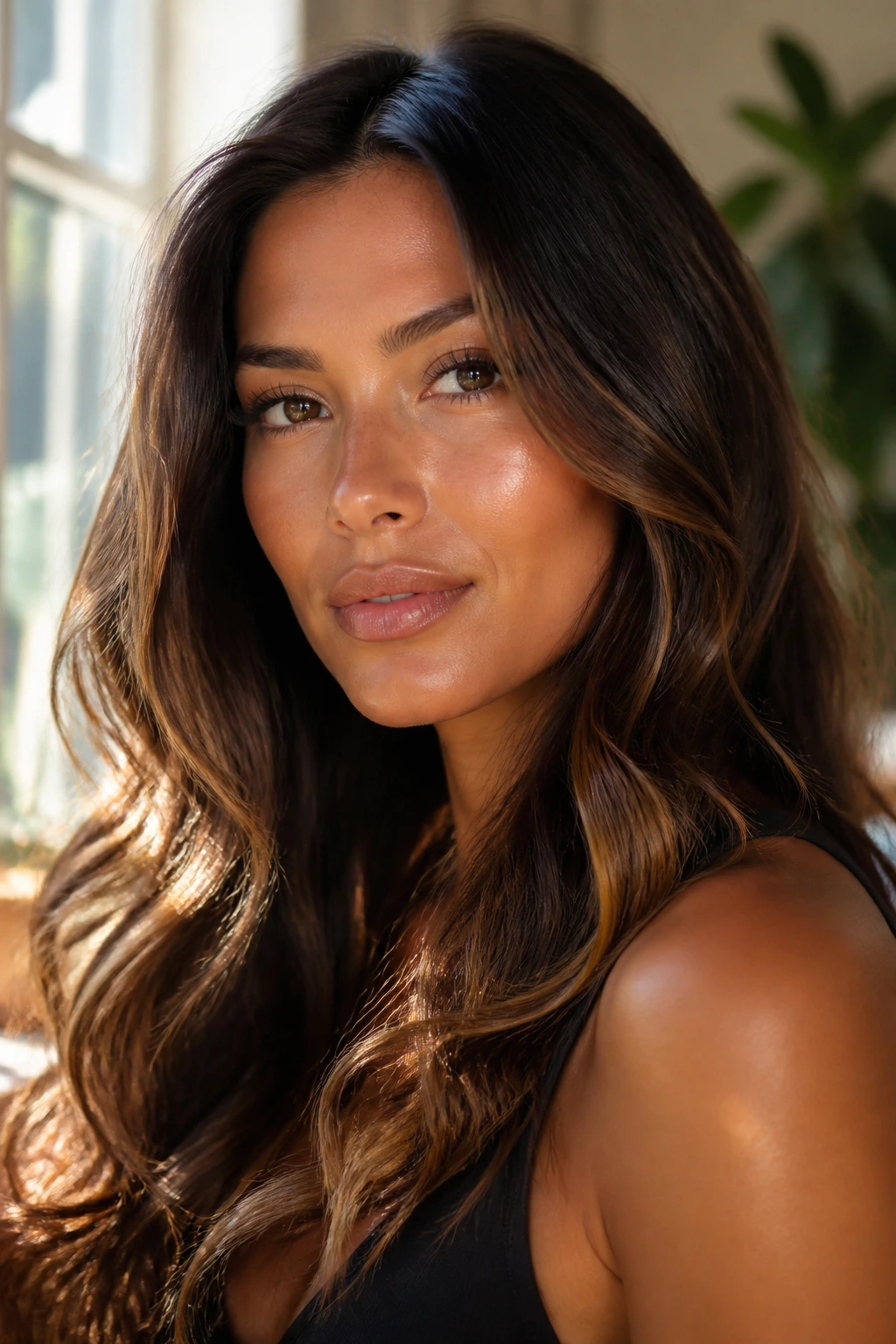 Close-up of tan-skinned woman with dimensional brunette hair and soft waves