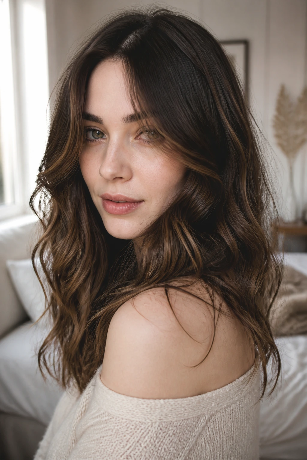 Close-up of brunette waves with dimension on pale-skinned woman