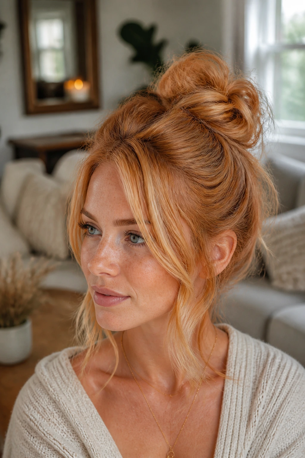 Close-up of a real person with a dimensional strawberry blonde bun and loose pieces