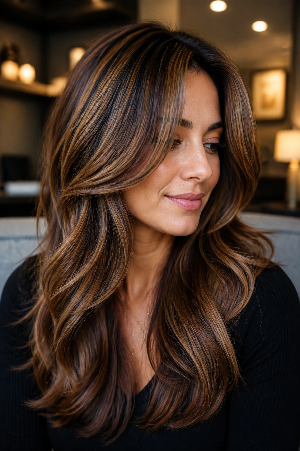 Close-up of a real woman with dimensional layers showing caramel and chestnut lowlights