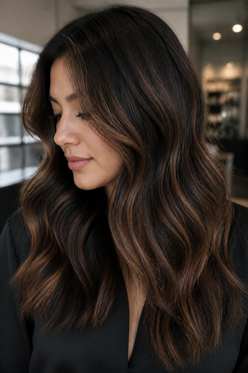 Close-up portrait of a real person with dimensional caramel ribbons and mocha lowlights on dark hair in a salon