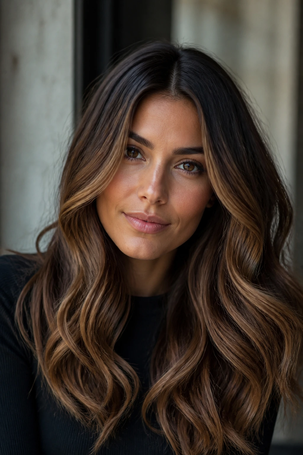 Portrait of a real woman with long waves and dimensional caramel color
