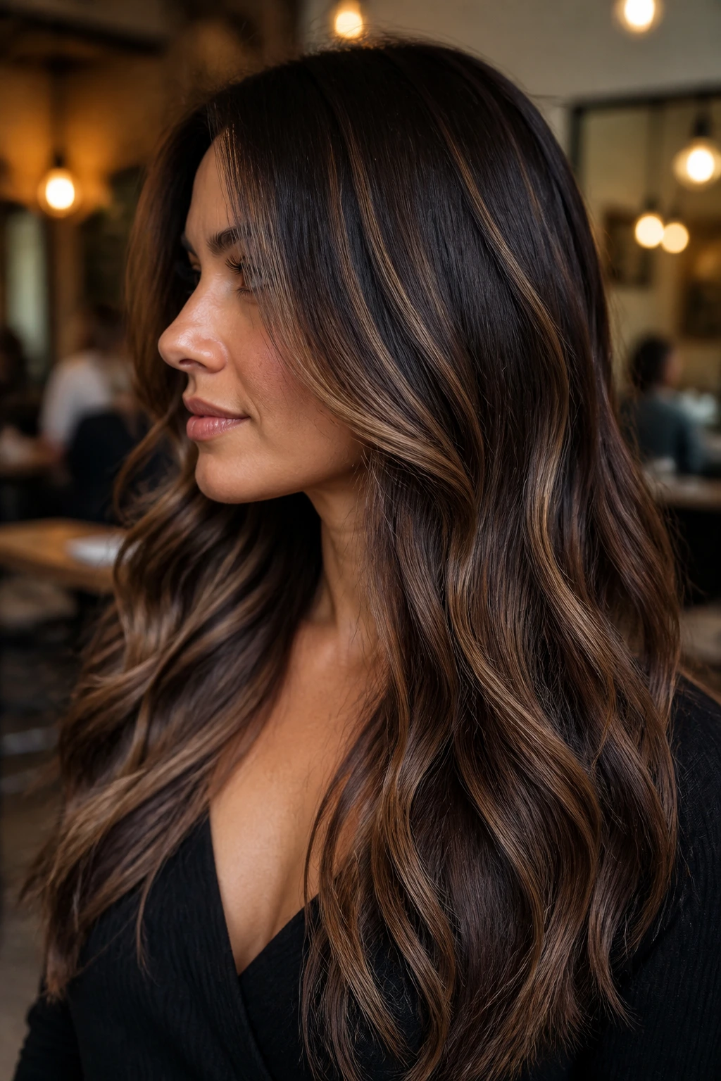 Dimensional caramel and mocha ribbons in brunette hair