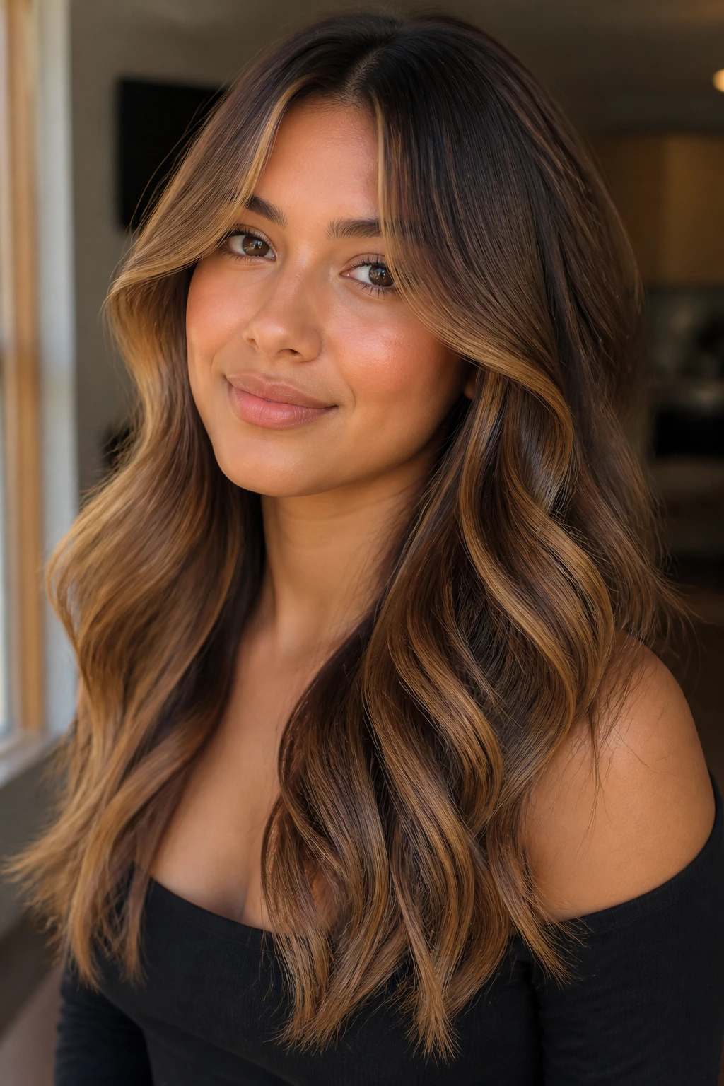 Portrait showing dimensional caramel ribbons in styled hair