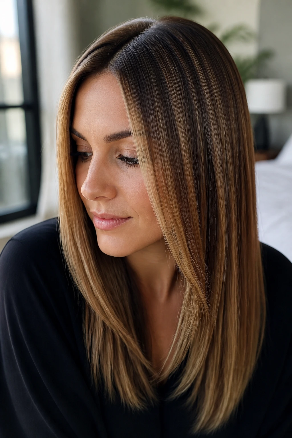 Portrait of a real person with dimensional caramel highlights styled straight